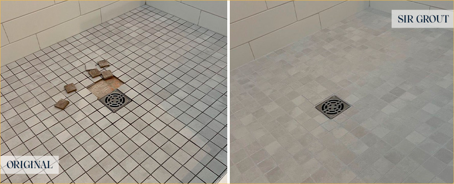 Shower Before and After a Remarkable Grout Cleaning in Lake Worth, FL