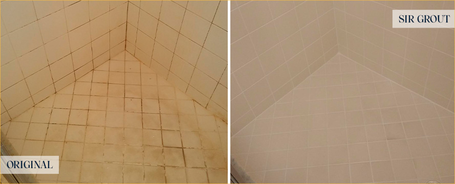 Shower Before and After a Flawless Grout Cleaning in Palm Beach Gardens, FL