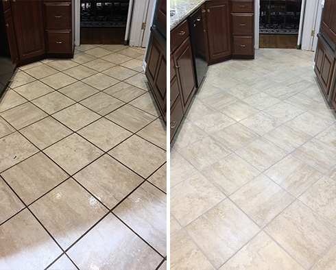 Kitchen Floor Before and After a Service from Our Tile and Grout Cleaners in West Palm Beach