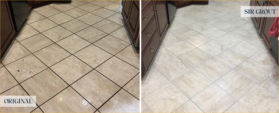 Kitchen Floor Before and After a Service from Our Tile and Grout Cleaners in West Palm Beach