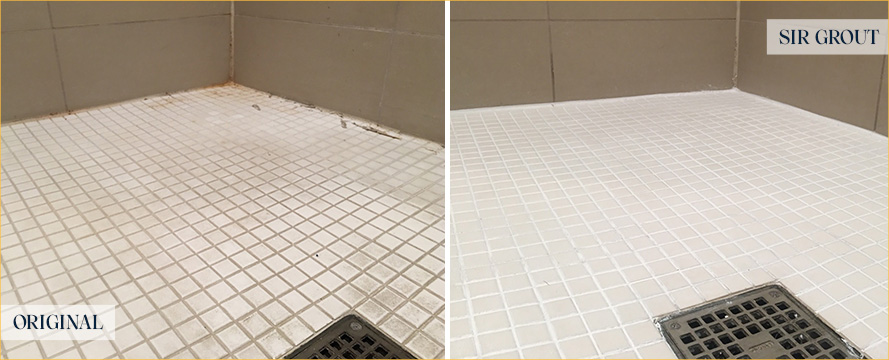 Shower Floor Before and After a Tile Cleaning in Stuart