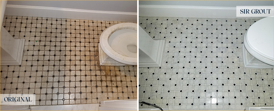 Bathroom Floor Before and After a Grout Sealing in Stuart