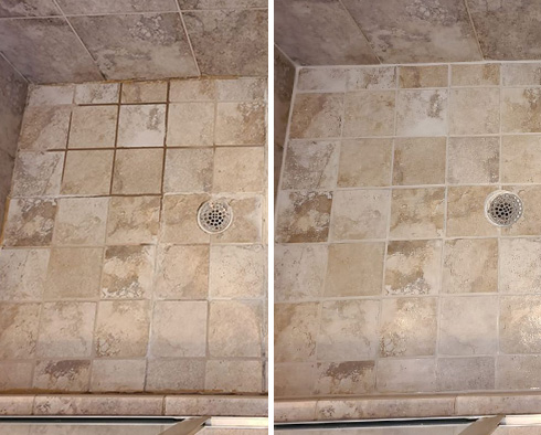 Shower Floor Before and After a Grout Sealing in Stuart