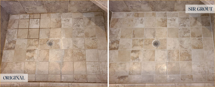 Shower Floor Before and After a Grout Sealing in Stuart